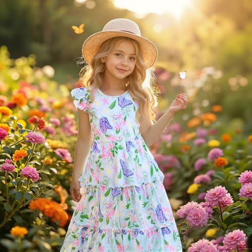 Girls Dress, Summer Clothes Flutter Sleeve, Elastic Waist, A-Line, Casual, for 7-14 Years Kids2