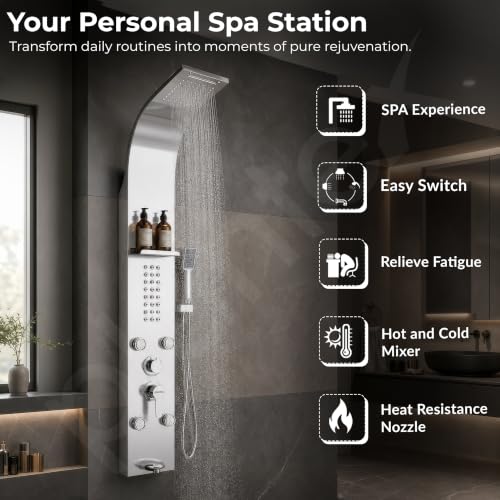 Image of Plantex Shower Panel /6 in 1 Shower System /304 Grade Stainless Steel Handshower with Waterfall Outlet /Tub Spout /Body Massage Spray With Hot &cold Mixer- (1015, Chrome)