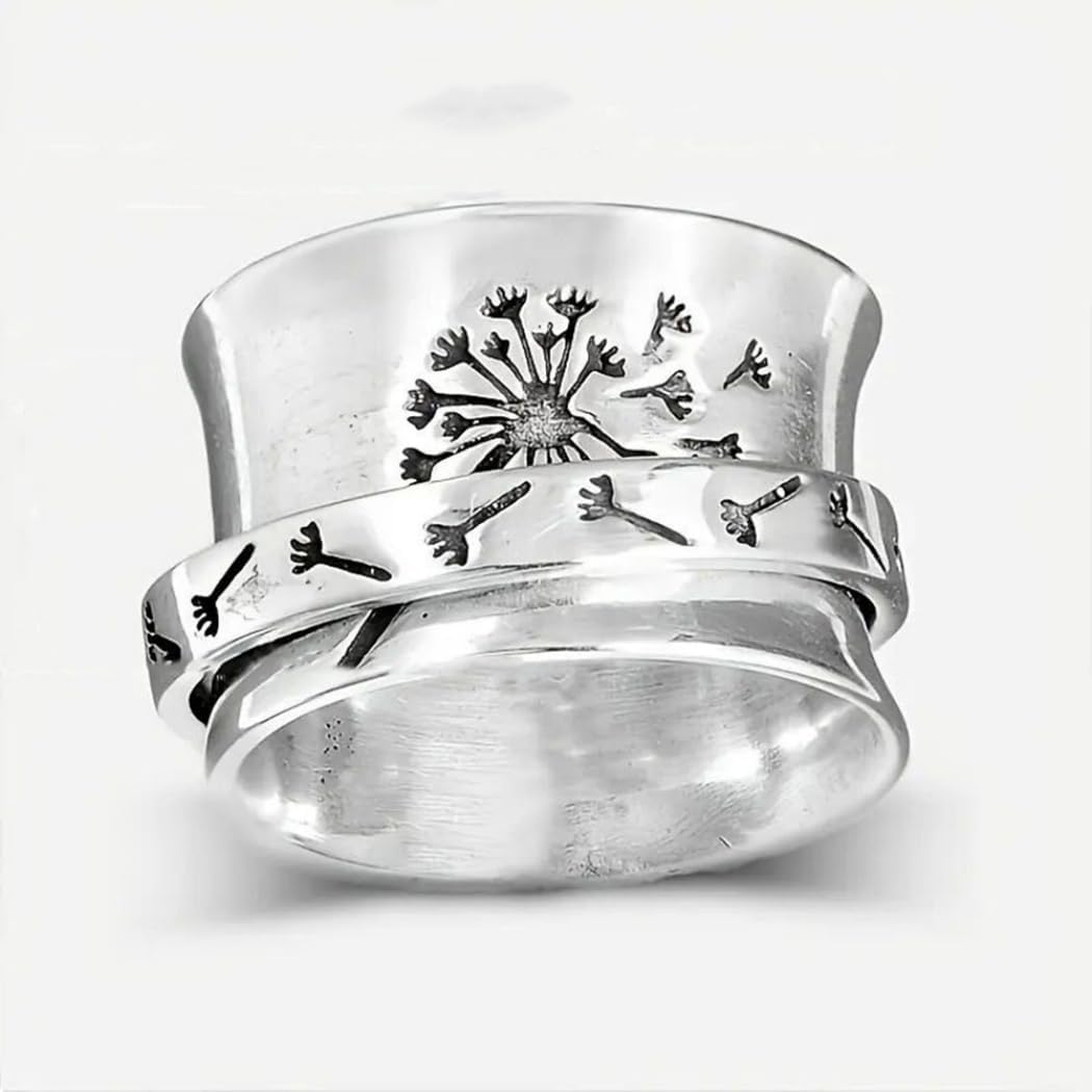 Dandelion Pattern Spinner Ring for Women Men Vintage Rotate Freely Personalized Statement Wide Spin Ring Jewelry Gifts