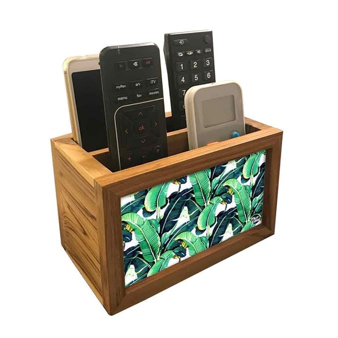 Nutcase Designer Teak Wood TV Remote Stand For Home Remote Holders Organizer Caddy for TV/AC Remotes Control -Multipurpose Desk Organiser-6�x4�x4� - Banana Leaves 4