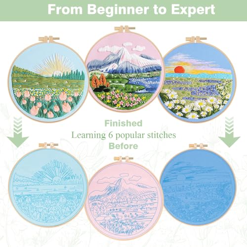 Image of RidaaFri Embroidery Kit for Beginner, Set of 3 Floral Mount Sunshine Pattern DIY Kits for Adults & Starter, Hand Embroidery Practice Set with Step-by-Step Video Tutorial, Includes Hoop, Needles, Floss