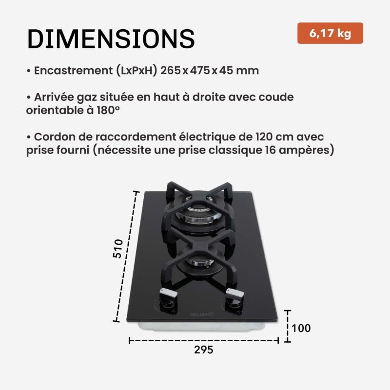 BELDEKO Plaque Gaz 2 Feux Domino 5200W Double Couronne - Marque Française