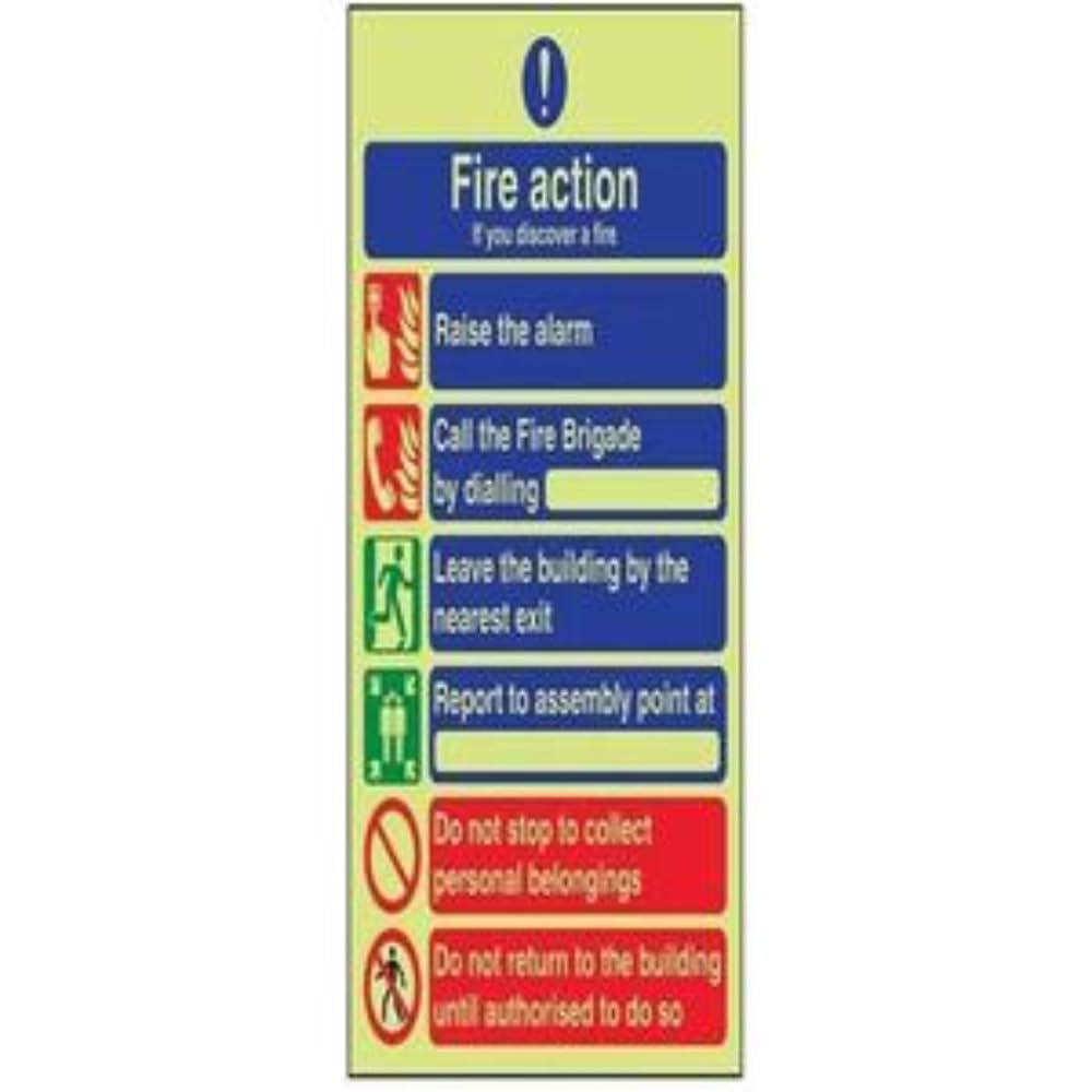 V Safety Glow in the Dark General 6 Message Fire Action Notice Sign - 200 mm x 300 mm - Self Adhesive Vinyl Safety Sign