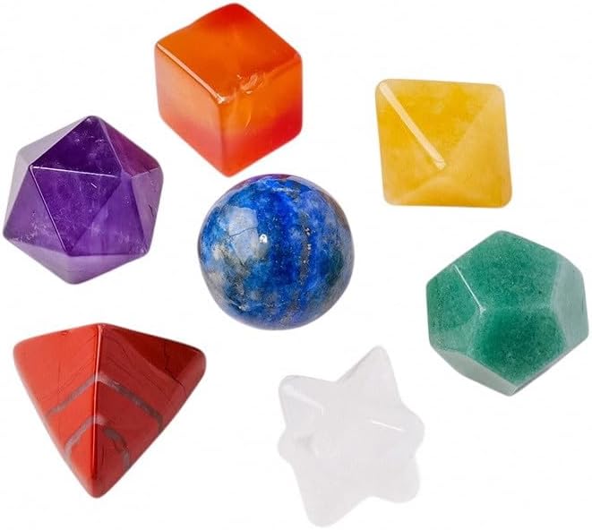 Lumisoul Handcrafted Seven-Colored Agate Geometric Hexagram Sculpture, Polished Crystal Decor for Home Office Table, Multi-Stone Chakra (Rainbow Crystal Geometric Set)
