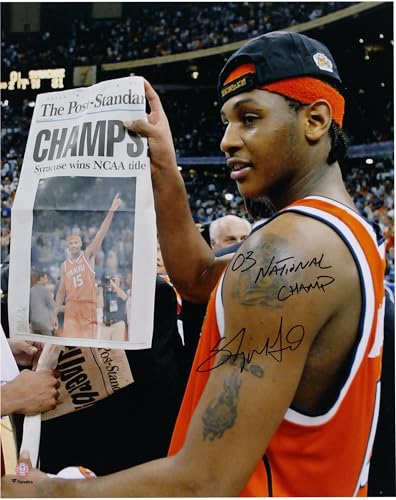Carmelo Anthony Syracuse Orange Autographed 16' x 20" Holding Newspaper Photograph with "03 National Champion" Inscription - Autographed College Photos