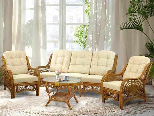 Malibu Lounge Set of 4: 2 Natural Rattan Wicker Chairs Three-Seater Sofa with Cushions and Coffee Table with Glass Handmade Colonial Color