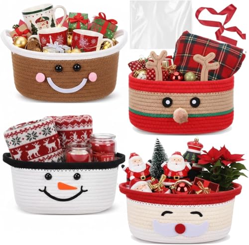 Zopeal 4 Pcs Christmas Woven Basket with Gift Bag Ribbon Empty Basket Deer Storage Bin Holiday Decorative for Xmas Gifts 12 x 8 x 5 Inch