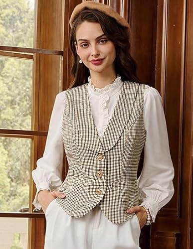 Belle Poque Braune Karierte Weste für Damen Lässig Anzugweste U-Ausschnitt Button-Down Westen für Hemden Oberteile