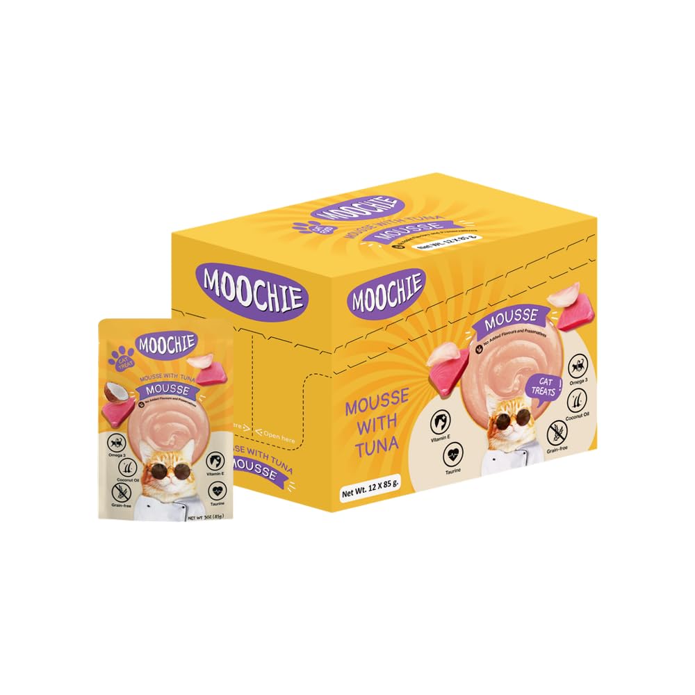 Moochie Tasty Wet Cat Food (85 g X 12 Pouches) Mousse with Tuna, Grain Free Cats Gravy Meal, No Artificial Flavours Kitten Food, Non-Vegetarian Cat Foods Pouch for Kittens