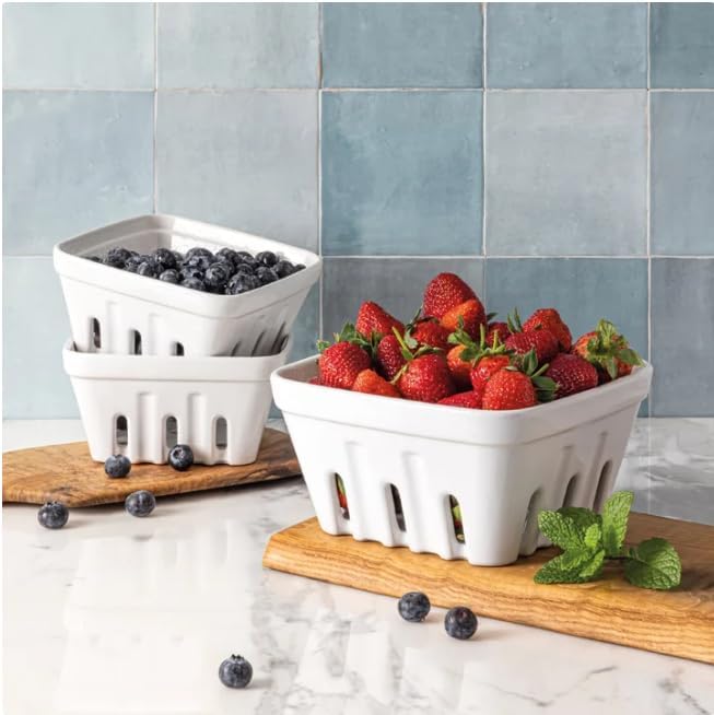 Over&Back 3-Piece Multipurpose Berry Baskets (White) - Stackable Stoneware Fruit Bowls with Integrated Colander Strainer Holes - Farmhouse Kitchen Decor, Reusable Produce Saver