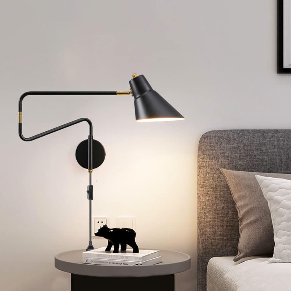 Schwenkarm Wandleuchte mit Schalter und Stecker Schwarz Wandlampe Retro Industrie Verstellbare Langearm Wand Leselampe mit Kabel Innen E27 Nachttischlampe für Schlafzimmer Wohnzimmer