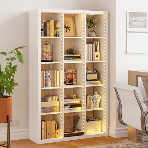 IRONCK Bookcase with LED Lights, Bookshelves and Bookcases 5 Tier for Living Room, White