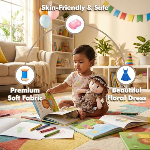 Image of Apollo Toys Soft Cloth Doll for Kids | Cute Braided Girl Plush Toy with Hat | Premium Cotton Stuffed Soft Toy for Girls | Birthday Gift for Kids | Safe & Washable Doll (Blue Dress, 50 cm) (Brown)