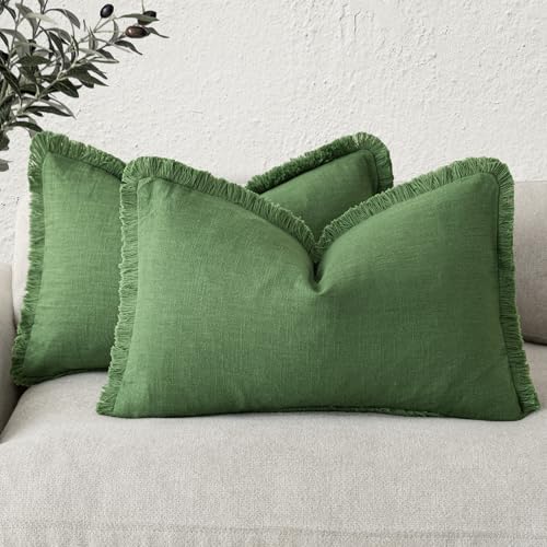 Image of Foindtower Set of 2 Decorative Linen Fringe Lumbar Throw Pillow Covers Boho Farmhouse Cushion Cover with Tassels Soft Accent Pillowcase for Couch Sofa Living Room Home Decor,12x20 Inch,Forest Green