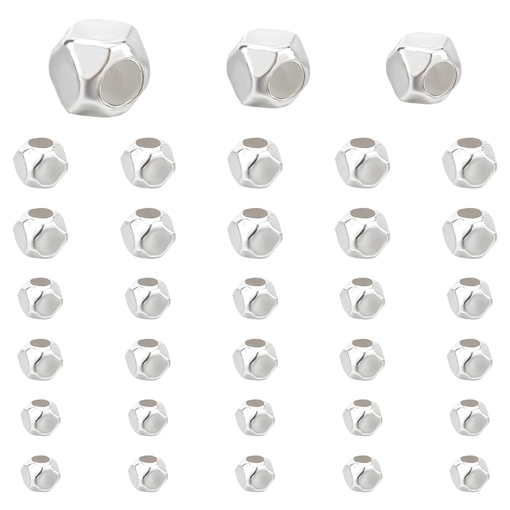 PH PandaHall 3 Sizes 925 Sterling Silver Spacer Beads 30PCS Tiny Metal Faceted Beads Cube Spacers Bead Bracelets Loose Bead for Jewellery Making Necklace Bracelets DIY Craft