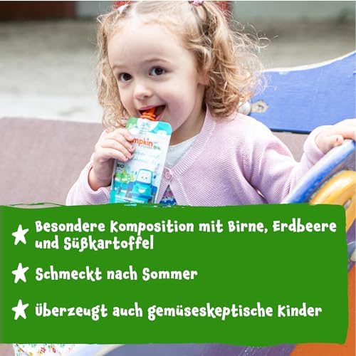 Pumpkin Organics Bio Gemüse-Getreide-Quetschies 8er Pack Birne, Erdbeere, Süßkartoffel, Rote Beete, Banane, Hafer ohne Zuckerzusatz¹ - ab dem 6. Monat - als Snack oder Beikost für unterwegs (8x100g)