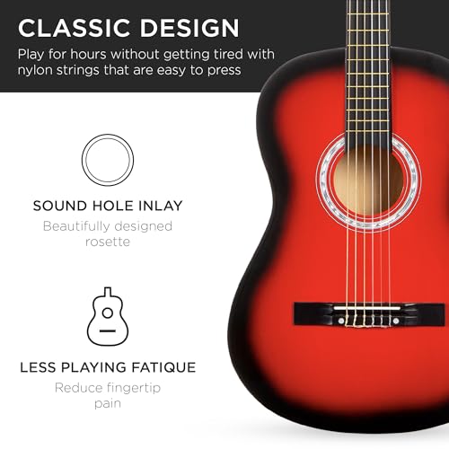 Image of Best Choice Products 38in Beginner All Wood Acoustic Guitar Starter Kit w /Case, Strap, Digital Tuner, Pick, Strings - Red Burst