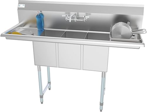 Vista 19 de KoolMore - SC101410-12B3 Fregadero de cocina comercial NSF de 3 compartimentos de acero inoxidable con escurridor derecho e izquierdo