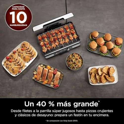 Miniatura 2 de Ninja Sizzle Pro Xl Parrilla Y Plancha Para Interior, Con Placa De Parrilla Y Plancha Cerámicas Antiadherentes, Tapa Desmontable, Recogegrasas Y Guía De Recetas, Color Plateado Negro Gx101eu