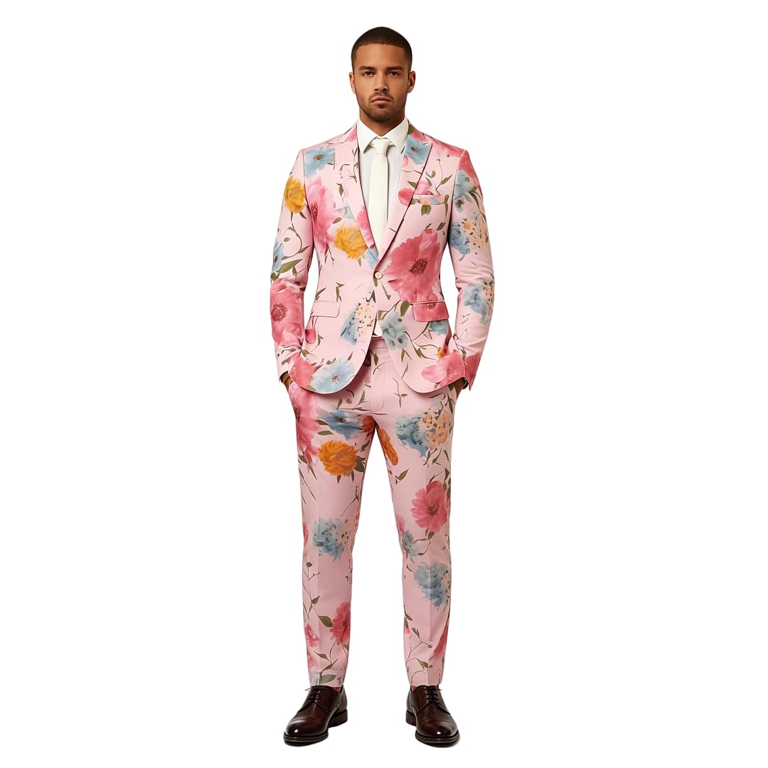 da Uomo 2 Pezzi Acquerello Floreale Stampa Abito Rosa Grande Fiore Blazer Pantaloni