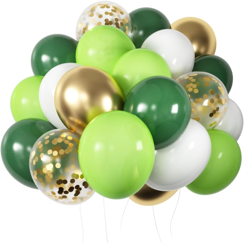 Luftballons Grün Gold Weiß 60 Stk 12 zoll, Jungle Luftballons Dunkelgrün Hellgrün Goldene Konfetti Metallic Ballons für Geburtstag Hochzeit Baby Shower Safari Tropische Sommer Party Dekoration