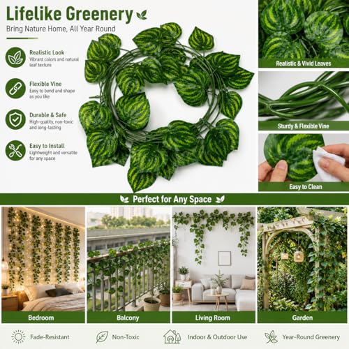 Image of Artificial Hanging Vine Garland 2.4m (Pack of 12) | Realistic Watermelon Leaf Creeper for Home, Balcony, Wall Decor, Wedding Decoration, Event Backdrop & Party Decoration