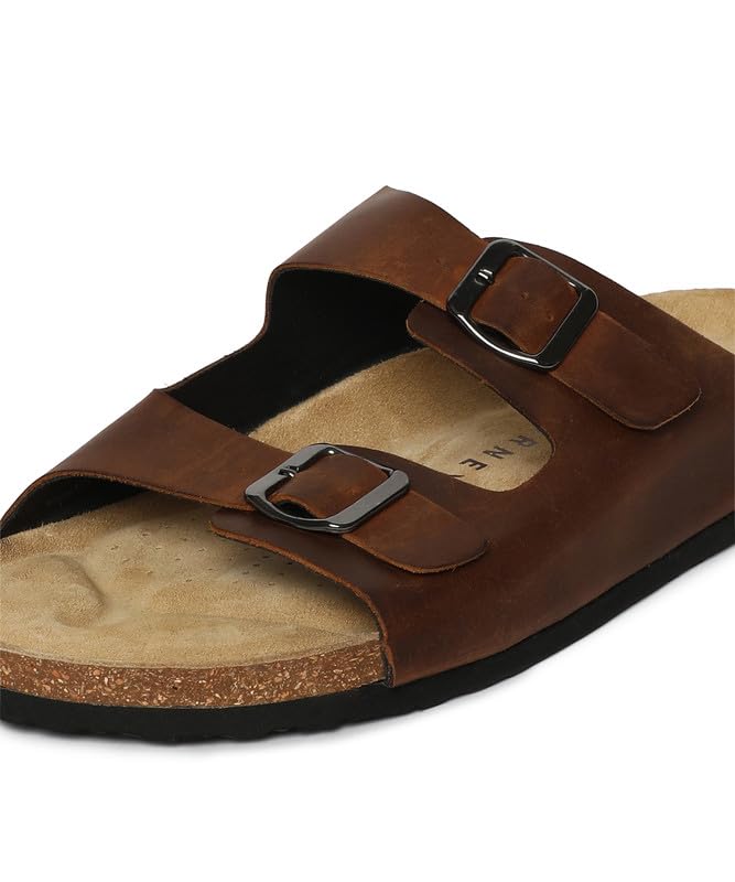 Image of HF JOURNEY Men's Vasco Double Strap Cork Footbed Sandals - Adjustable Buckle Slip-On Comfort Slides (Size 41-46)