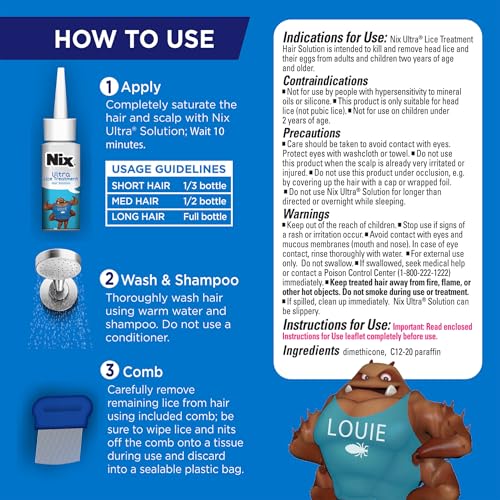 Image of Nix Ultra Lice Treatment Hair Solution & Lice Comb, Kills Superlice & Eggs, 3.4 Fl Oz