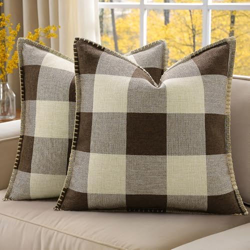 decorUhome Christmas Buffalo Plaid Check Throw Pillow Covers 18x18 Set of 2, Outdoor Linen Decorative Farmhouse Gingham Pillow Covers with Stitched Edge for Bed Couch Sofa, Brown and Beige