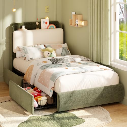 Image of Garvee Twin Size Bed Frame with Shelf & Drawers for Kids- Green & Beige