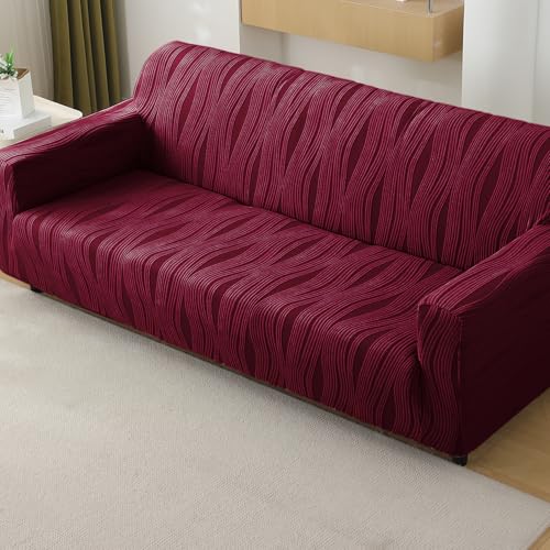 Image of HOKIPO 200 GSM Premium Knitting Jacquard Fully Covered Stretchable Sofa Cover for 4 Seater, 'Nestiva Series' Burgundy (NEW-AR-5310-BRGN)