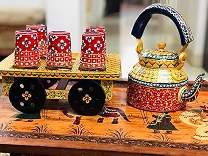 PLRK Hand Painted Tea Red Golden Kettles with 6 Glass Sets and Wooden Cart
