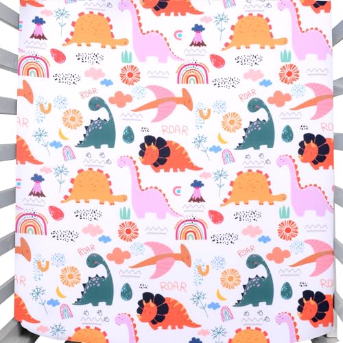 Image of JISEN Baby Crib Sheet 1 Piece Portable Fitted Crib Sheet for Standard Crib and Toddler Mattresses Nursery Bed Decor for Boys Girls 28x52 Inch Multicolor Dinosaurs