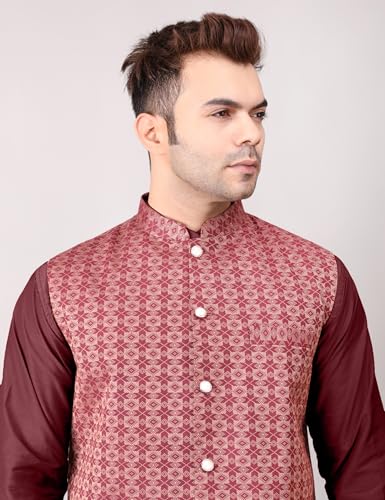 Image of Men's Cotton Silk Blend Regular Kurta Pyjama, Embroidered Nehru Jacket /Waistcoat Set