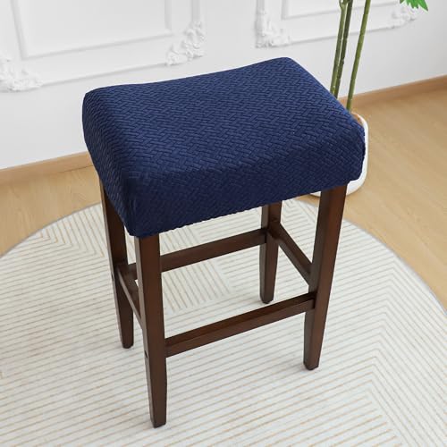 Image of Bar Stool Covers Rectangle Set of 4 Waterproof Navy Blue Jacquard Stretchable Backless Barstool Seat Cover Counter Bar Stool Slipcovers Washable