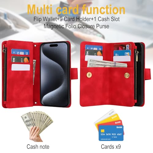Étui pour Google Pixel 8 rouge style rétro zippé en cuir avec bandoulière pratique