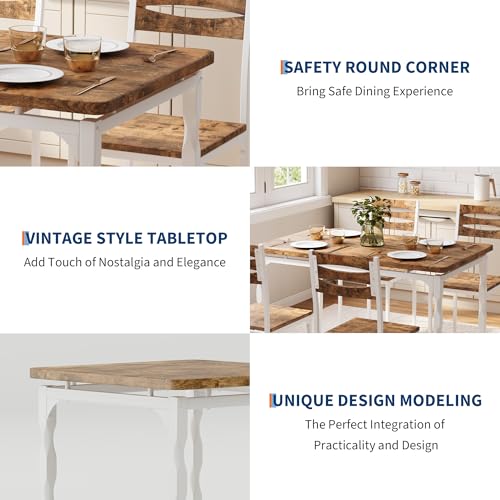 Image of Garvee 5 Piecs Dining Table Set, Farmhouse Style Dining Table and Chairs Set for 4, Dining Set for Dining Room Kitchen Apartment, White & Brwon