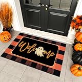 2 Pcs Halloween Door Mat Combo Set Ghost Welcome Doormat + 28' x 43' Orange and Black Buffalo Plaid Rug for Fall Thanksgiving Halloween Porch Entryway Indoor Outdoor Decor