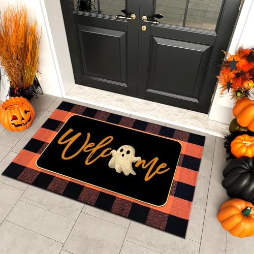 2 Pcs Halloween Door Mat Combo Set Ghost Welcome Doormat + 28' x 43'...