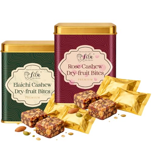 Image of LILA DRY FRUITS Dry Fruit Bites Combo 200 g x 2 Rose Cashew & Elaichi Cashew Dry Fruits Barfi | Soft Dates Dry Fruit Sweet Snack | Dates Mithai Snack for Tea Time Perfect for Gifting