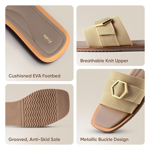 Image of Frido Women's Comfort Flat Sandals | Ethnic Style Slip-On | Super Soft Cushioned Sole, Padded Knit Upper, Breathable & Anti-Skid Zero-Drop | Available in Comfort Flat & Ethnic Kolhapuri style
