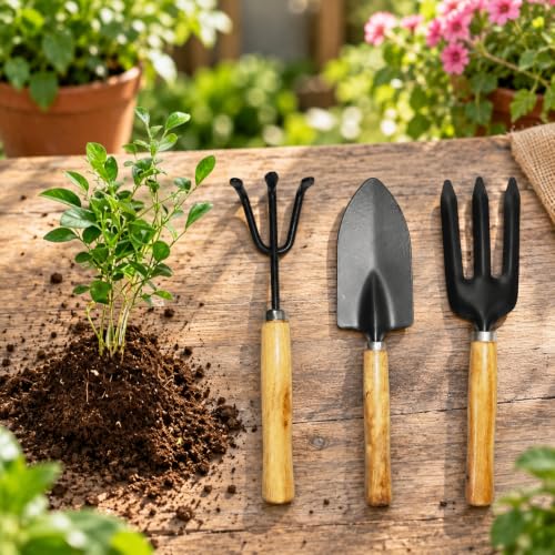 Image of Gardening Tools Kit for Home (Wooden Handle Cultivator,Fork, Small Trowel) Garden Set, Farming Tool for Indoor Outdoor Agriculture Use (GTK)