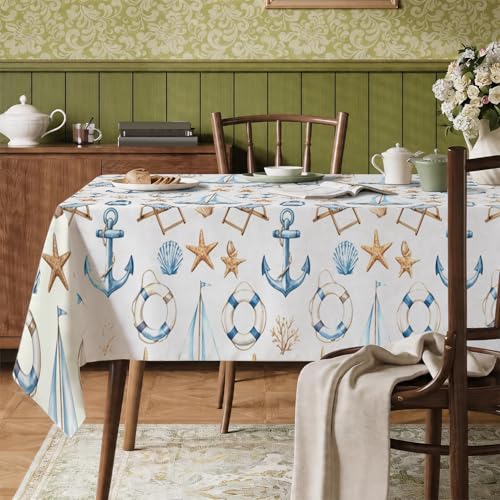 Mantel rectangular con diseño de anclas, diseño náutico de estrellas de mar costeras, de poliéster, reutilizable, lavable, decoración para cocina, banquete, camping, fiesta, 139 x 178 cm