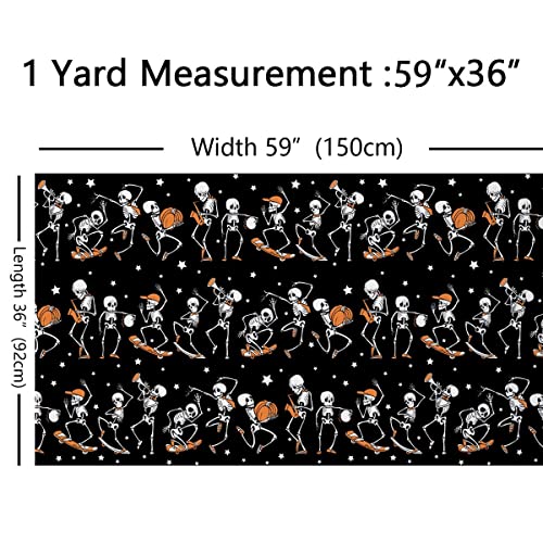 Halloween Fabric by The Yard,Hipster Skull Pumpkins Reupholstery Fabric for Chairs,Skateboard Musician Skeletons Waterproof Outdoor Fabric,2 Yards,(L184*W150cm) Black White - Image 2