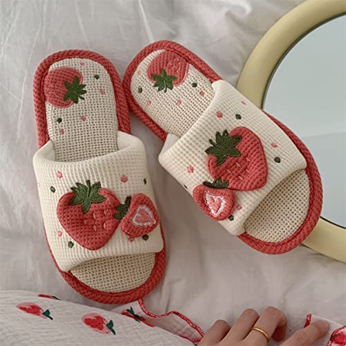 Cute Strawberry Slippers Indoor Linen House Slippers for Women Cotton Home Floor Slippers Open Toe Non-Slip Slides2