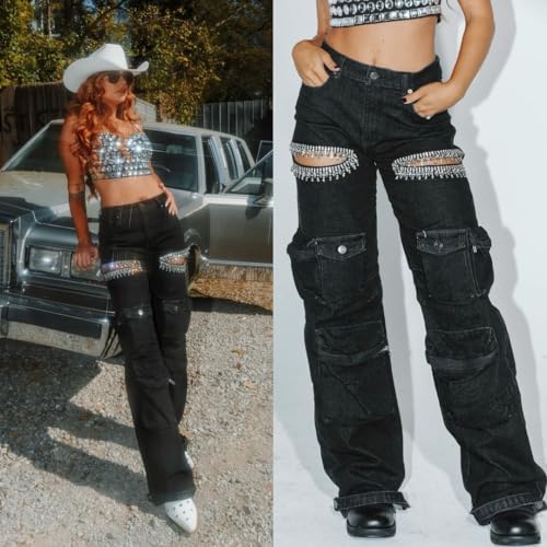 Women's Cutout Wide Leg Cargo Jeans Y2K High Waisted Baggy Denim Pants with Crystal Diamond Embellishments3