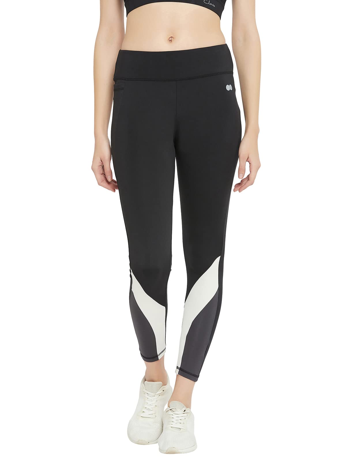 CloviaWomen's Snug Fit High Rise Active Tights with Contrast Panels in Black