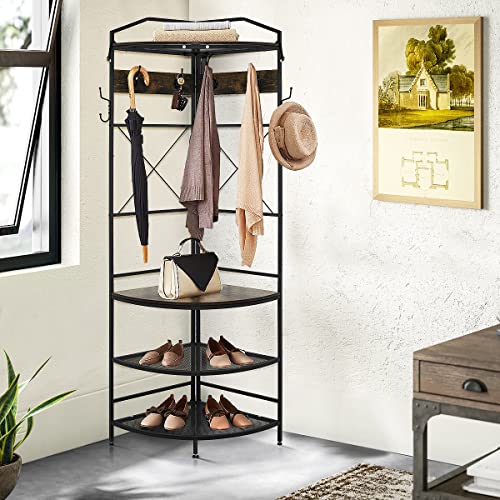 Recaceik Corner Coat Rack, Multifunctional Entryway Corner Shoe Rack with 8 Metal Double Hooks and Storage Shelf, Freestanding Corner Hall Tree Stand Storage for Living Room, Office, Rustic Brown