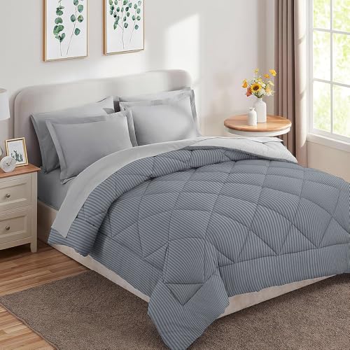 Image of HOMEKART 220 GSM Microfiber Reversible Comforter for Double Bed | Ultra Soft, Skin-Friendly & Hypoallergenic Solid Striped Blanket | Lightweight Cozy & Machine Washable (90x100 Inch, Grey & Silver)
