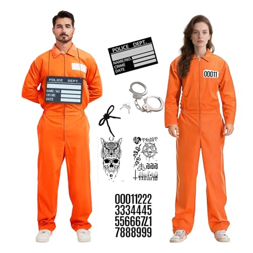 WanderGo Deguisement Prisonnier Homme et Femme, Costume Prisonnier, Combinaison Prisonnier Orange, Détenu Intégral 7 Pièces pour Adulte Halloween Carnaval